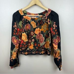 Farm Rio Whitney Blouse Small Floral Cropped Boho Anthropologie Black Orange